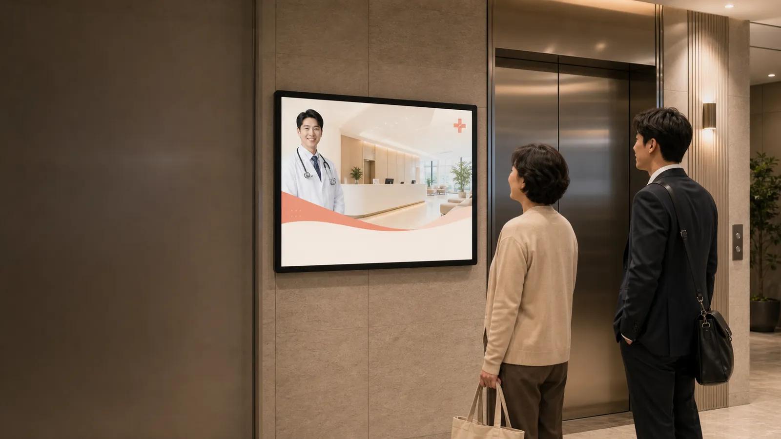 아파트 엘리베이터 앞 디지털 화면에서 병원 광고를 보는 입주민